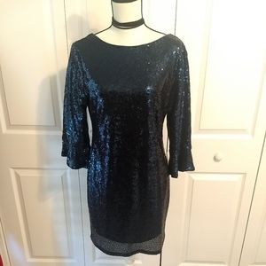 Lulus Formal Blue Green Sequence V Back Evening Dress X-Large New With Tags